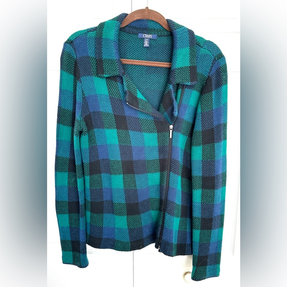 CHAPS Womens Zip Cardigan Sweater Size Medium Tartan Black/Green/Blue Plaid
